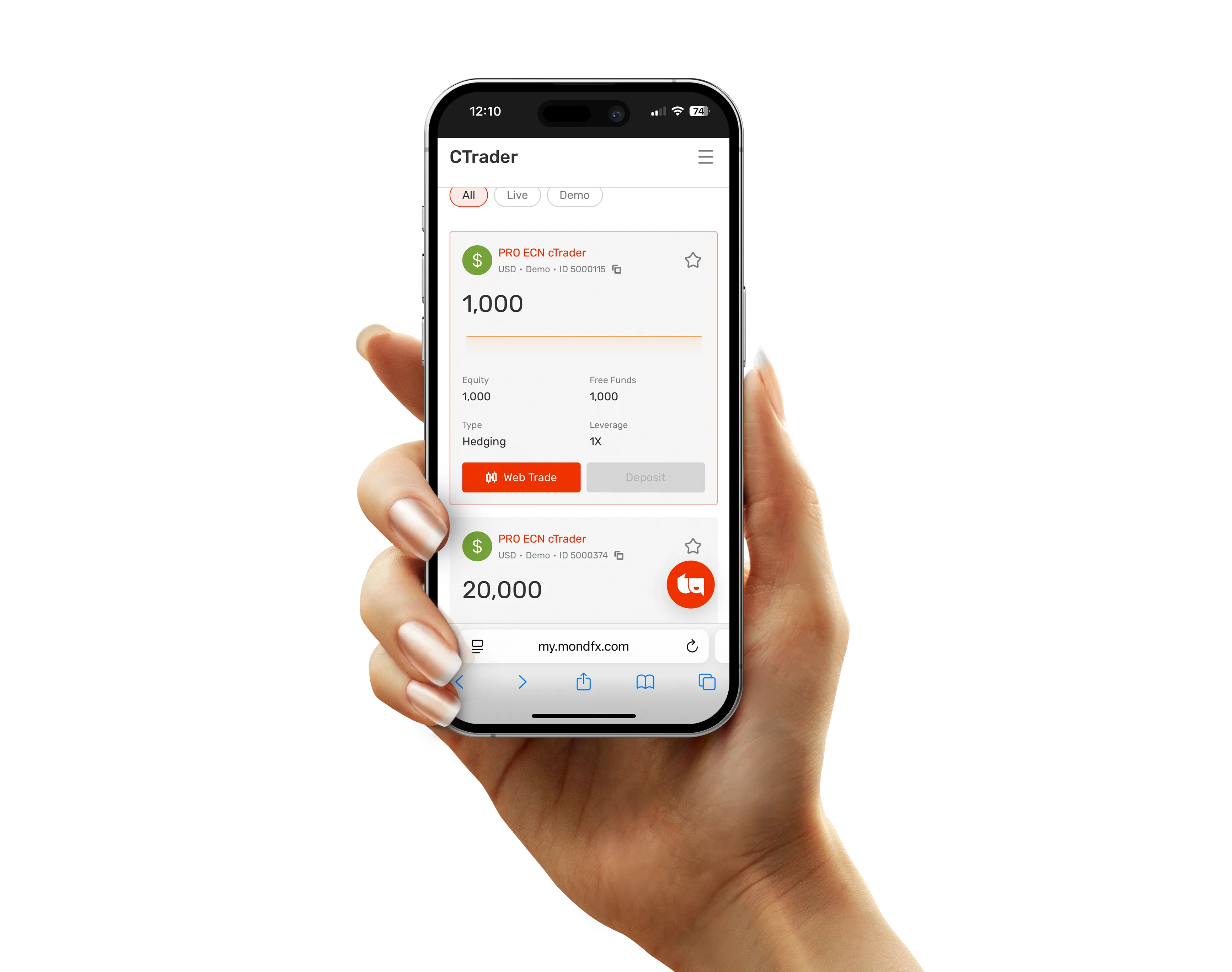 Phone held in hand showing cTrader